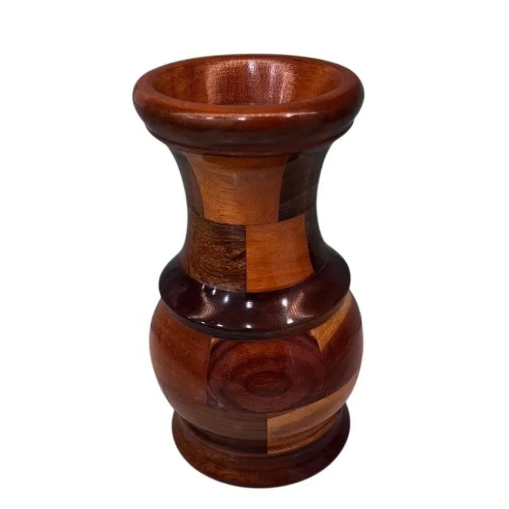 Vintage Multi Wood Mosaic Vase 8” Brown Hand Pieced Parquet Two-tone Segmented - Picture 3 of 11